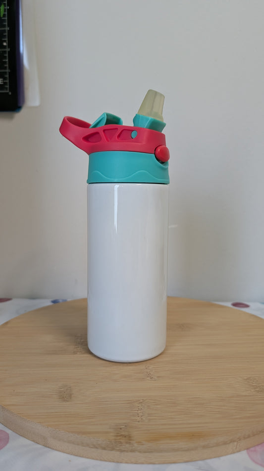 Kinderflasche Türkis, Rot mit integriertem Strohhalm 340 ml für Motivauswahl